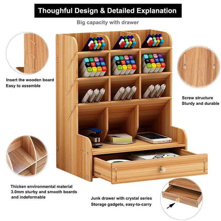 Multi-Functional DIY Pen Holder Box Desktop Stationary Wooden Desk Organizer