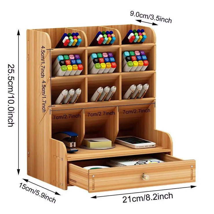 Multi-Functional DIY Pen Holder Box Desktop Stationary Wooden Desk Organizer