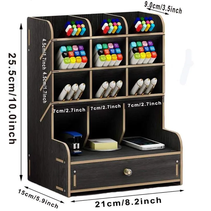 Multi-Functional DIY Pen Holder Box Desktop Stationary Wooden Desk Organizer