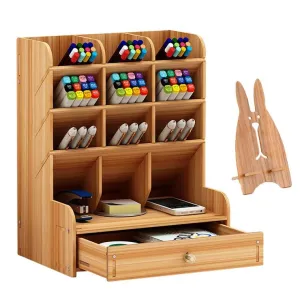 Multi-Functional DIY Pen Holder Box Desktop Stationary Wooden Desk Organizer