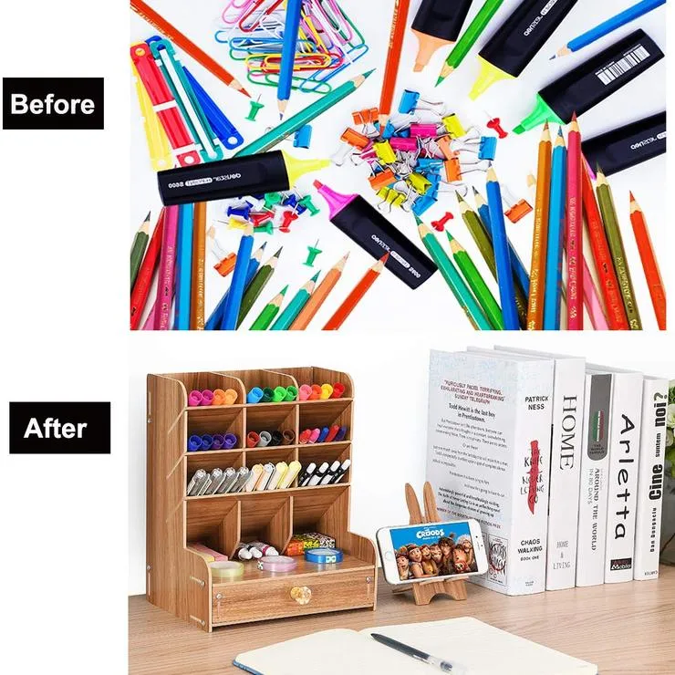 Multi-Functional DIY Pen Holder Box Desktop Stationary Wooden Desk Organizer