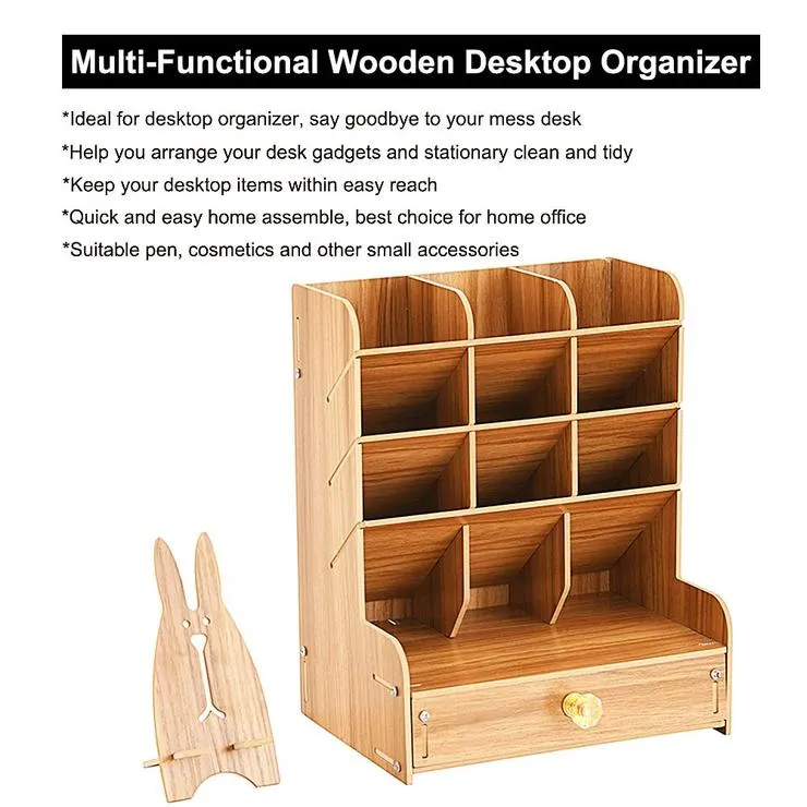 Multi-Functional DIY Pen Holder Box Desktop Stationary Wooden Desk Organizer