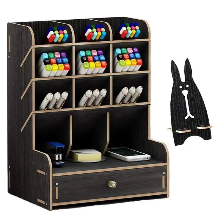 Multi-Functional DIY Pen Holder Box Desktop Stationary Wooden Desk Organizer