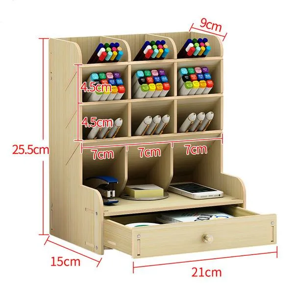 Multi-Functional DIY Pen Holder Box Desktop Stationary Wooden Desk Organizer