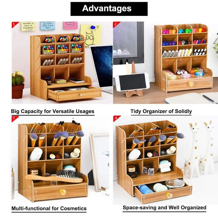 Multi-Functional DIY Pen Holder Box Desktop Stationary Wooden Desk Organizer