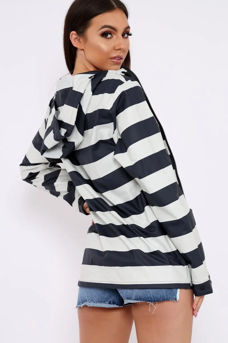 Navy And White Stripe Hooded Rain Mac - Haru