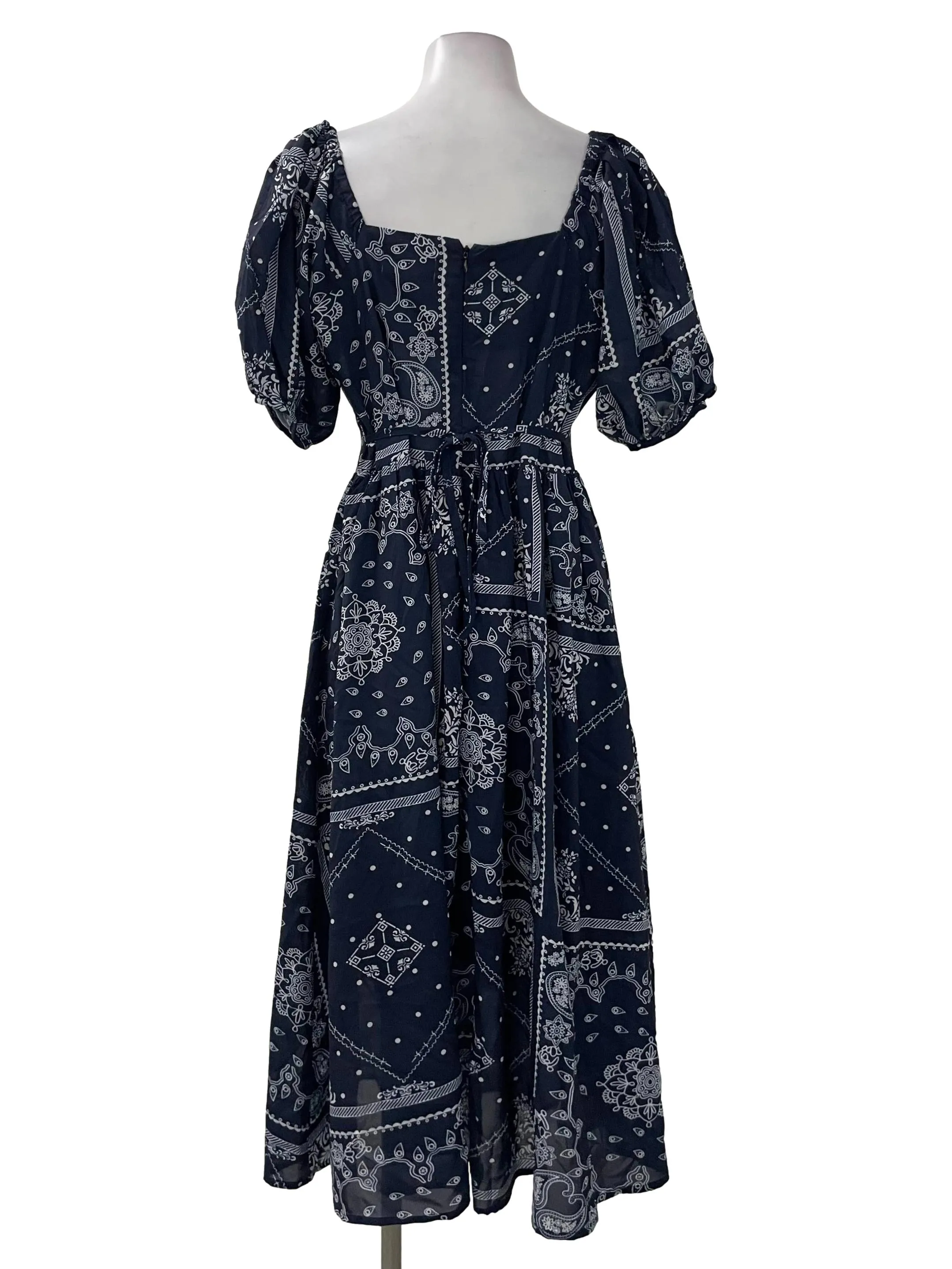Navy Patterned Puff Sleeve Dress
