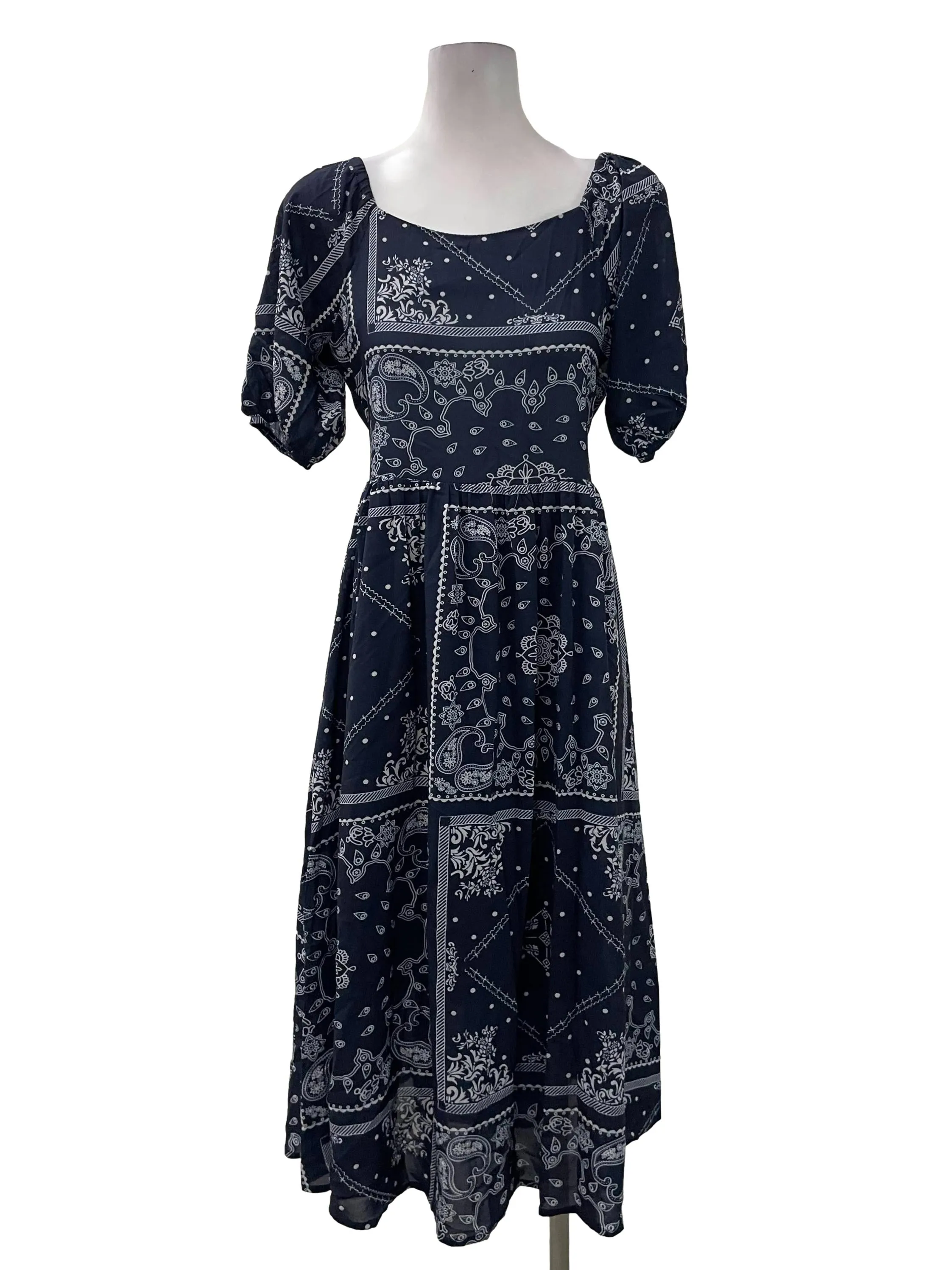 Navy Patterned Puff Sleeve Dress