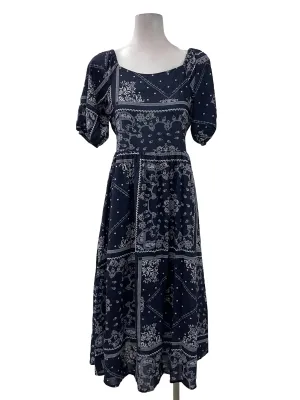 Navy Patterned Puff Sleeve Dress
