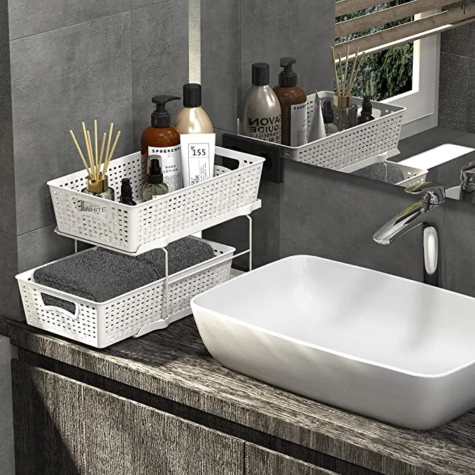 New SimpleHouseware 2 Tier Bathroom Organizer Tray Pull-Out Sliding Drawer/Under-Sink Storage, White