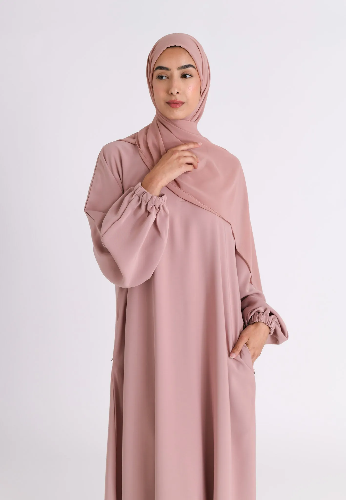 Nude Closed Abaya with Zip Pockets & Cuff Sleeves (Premium)