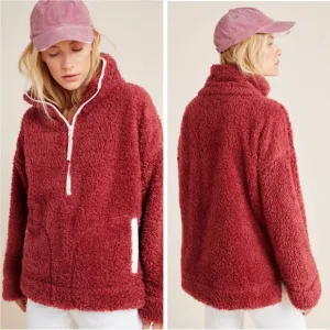 NWT Anthropologie  Annette Sherpa Pullover Sweater 1/4 zip Cozy w/pockets Fuzzy