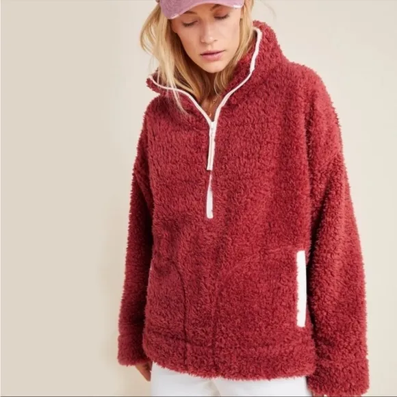 NWT Anthropologie  Annette Sherpa Pullover Sweater 1/4 zip Cozy w/pockets Fuzzy