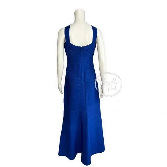 NWT Herve Leger Chrissy Cross-Strap Mermaid Bandage Gown Royal Blue