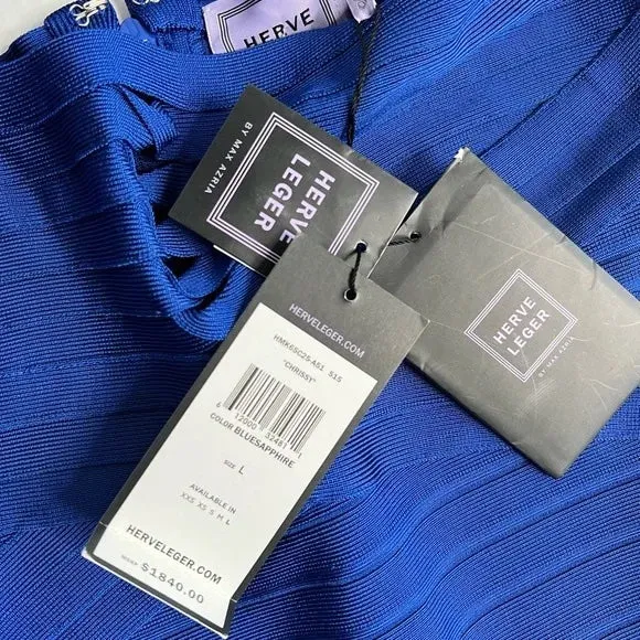 NWT Herve Leger Chrissy Cross-Strap Mermaid Bandage Gown Royal Blue