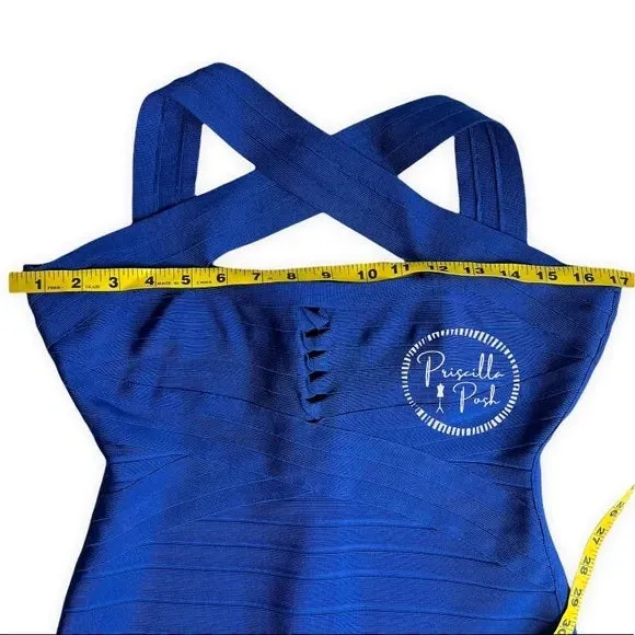 NWT Herve Leger Chrissy Cross-Strap Mermaid Bandage Gown Royal Blue