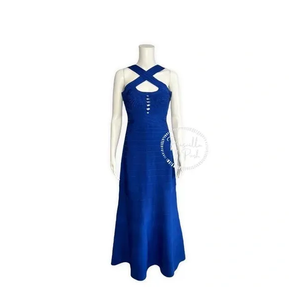 NWT Herve Leger Chrissy Cross-Strap Mermaid Bandage Gown Royal Blue