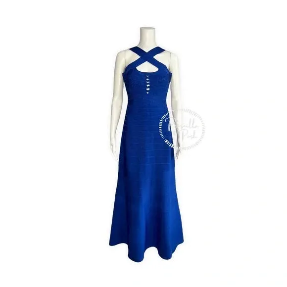 NWT Herve Leger Chrissy Cross-Strap Mermaid Bandage Gown Royal Blue