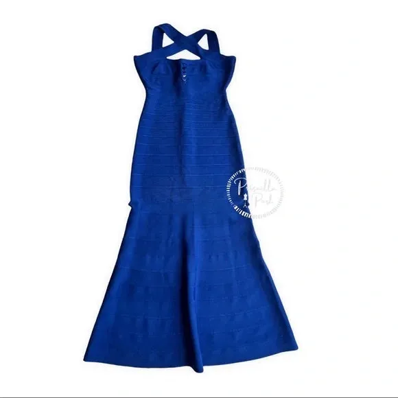 NWT Herve Leger Chrissy Cross-Strap Mermaid Bandage Gown Royal Blue