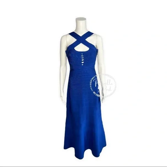 NWT Herve Leger Chrissy Cross-Strap Mermaid Bandage Gown Royal Blue