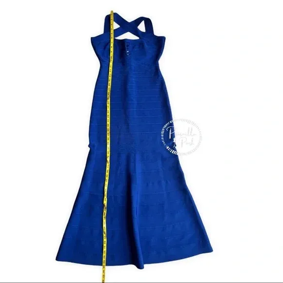 NWT Herve Leger Chrissy Cross-Strap Mermaid Bandage Gown Royal Blue