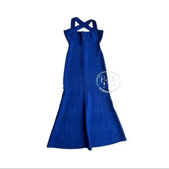 NWT Herve Leger Chrissy Cross-Strap Mermaid Bandage Gown Royal Blue