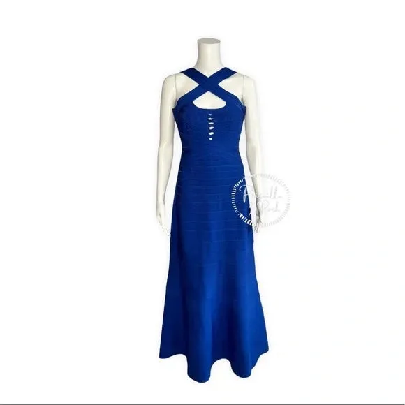 NWT Herve Leger Chrissy Cross-Strap Mermaid Bandage Gown Royal Blue