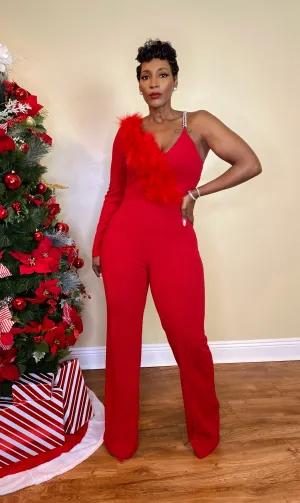 ONE SHOULDER FEATHER JUMPSUIT (RED)