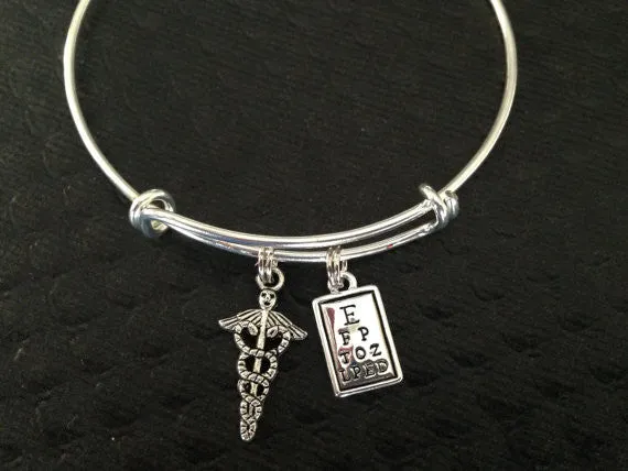 Optometrist Eye Doctor Eye Chart Charm on a Silver Expandable Adjustable Bangle Bracelet Occupational Gift