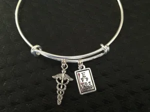 Optometrist Eye Doctor Eye Chart Charm on a Silver Expandable Adjustable Bangle Bracelet Occupational Gift