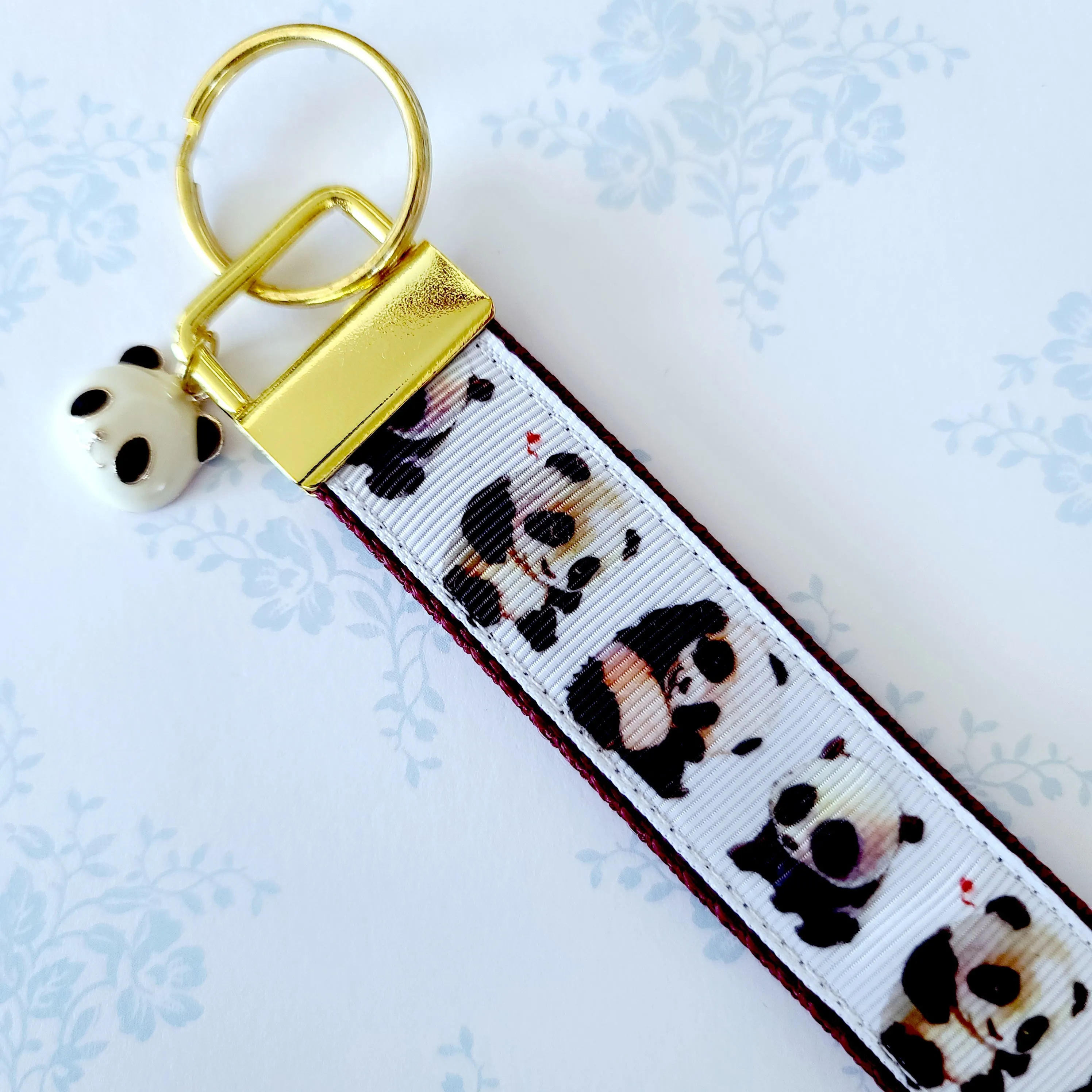 Pandas Being Adorable Key Fob Chain with Enameled Panda Charm