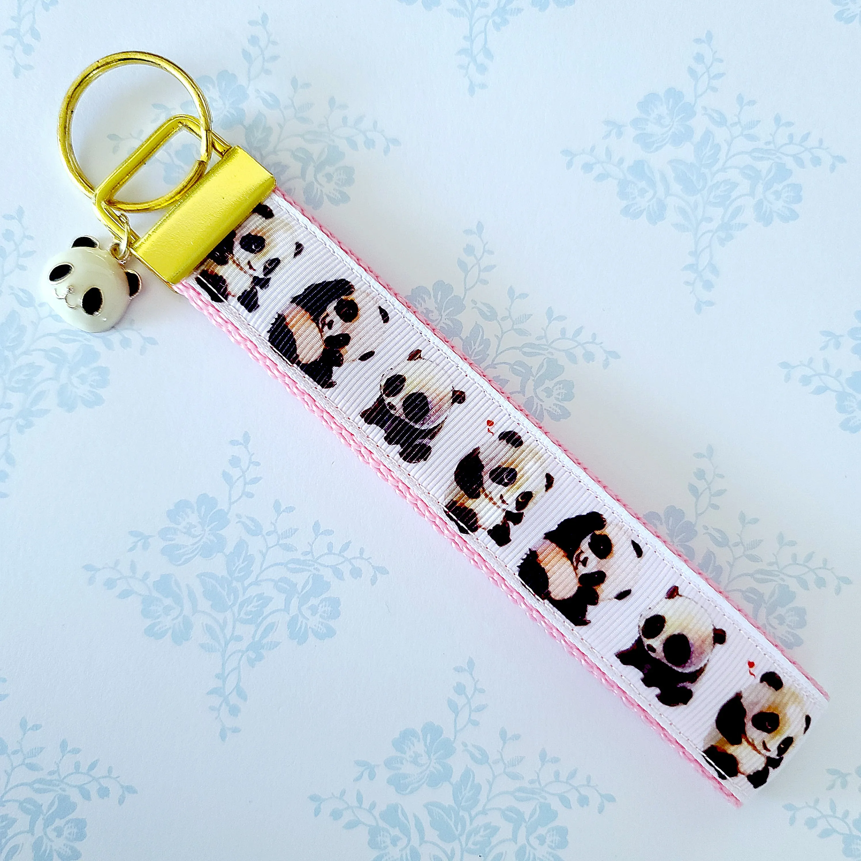 Pandas Being Adorable Key Fob Chain with Enameled Panda Charm