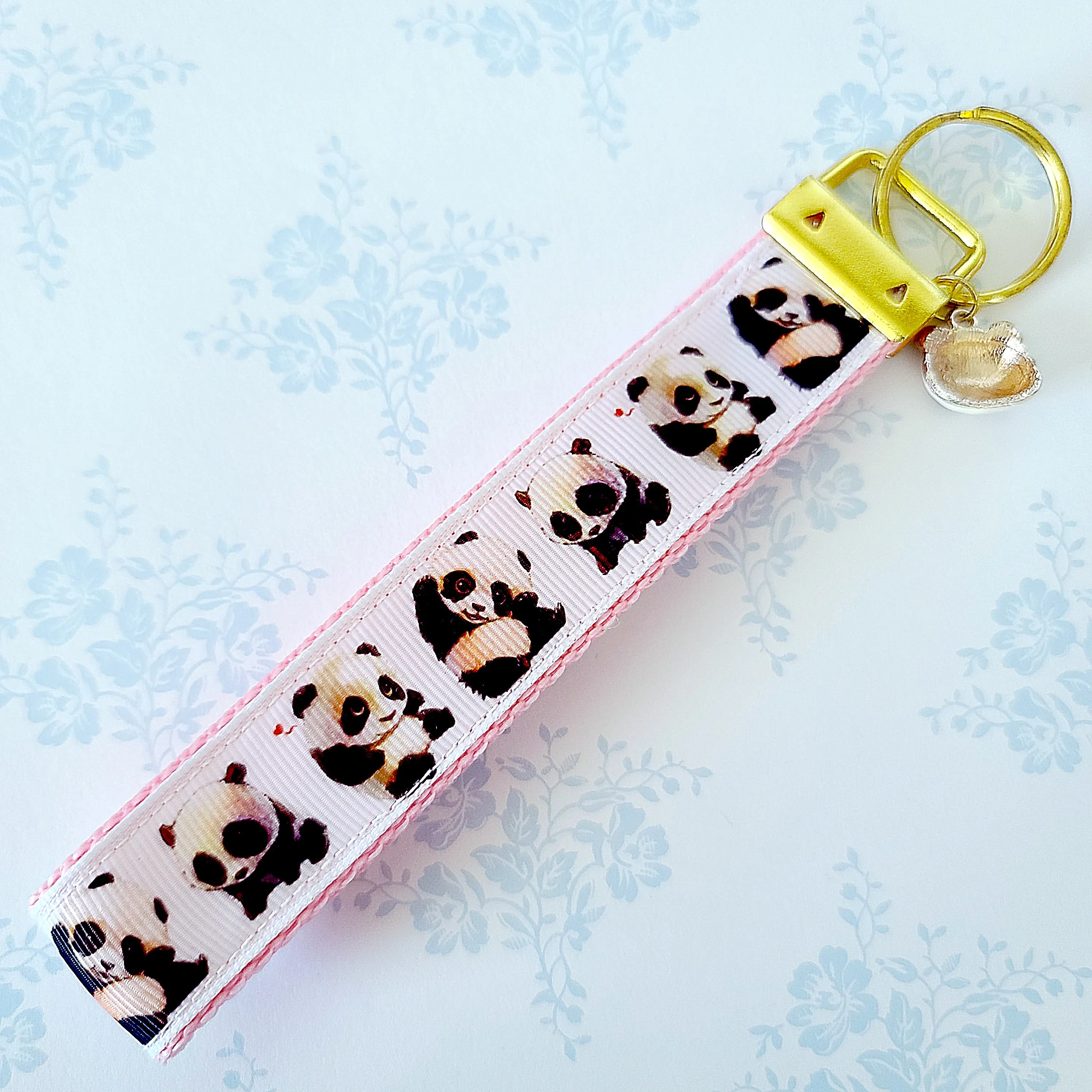 Pandas Being Adorable Key Fob Chain with Enameled Panda Charm