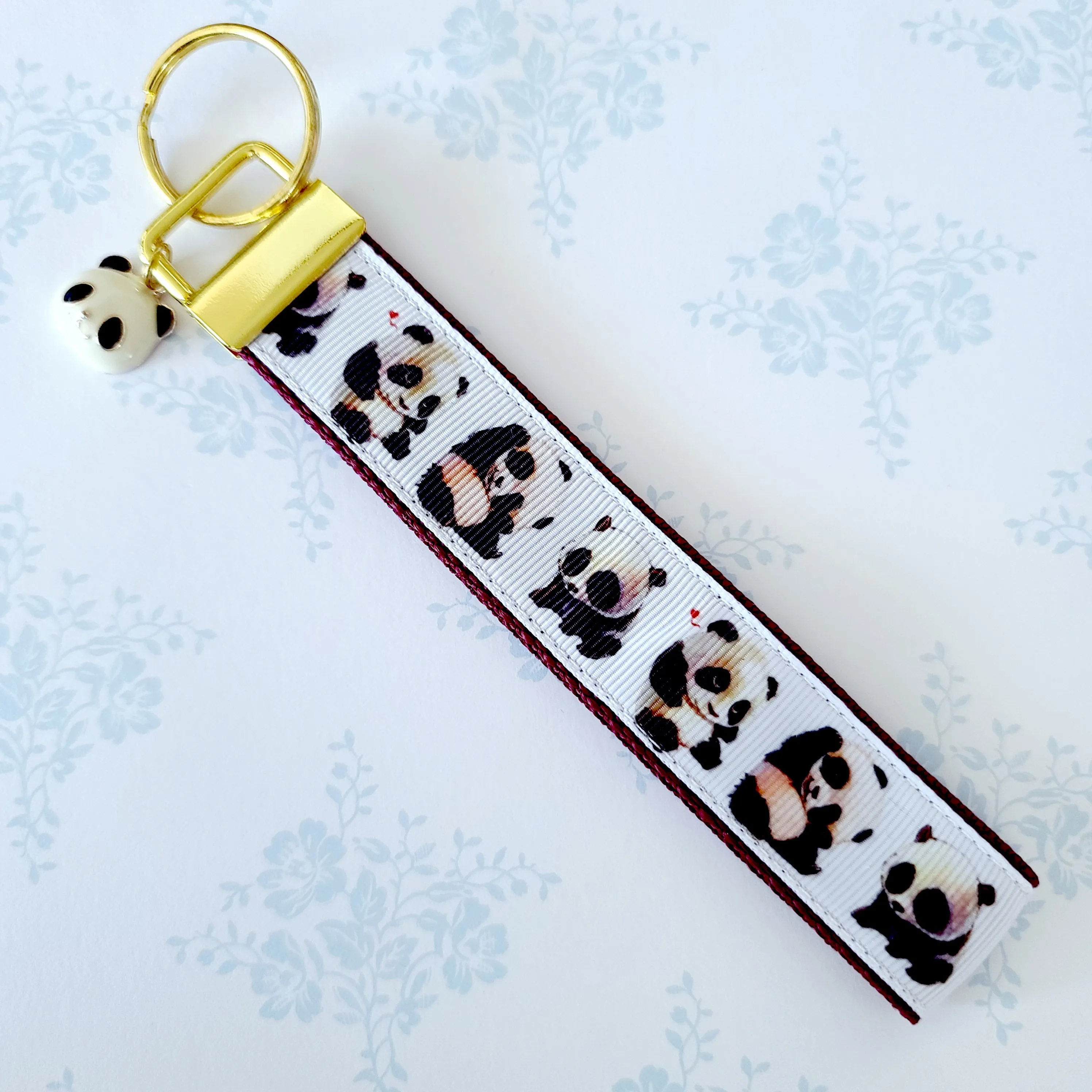 Pandas Being Adorable Key Fob Chain with Enameled Panda Charm