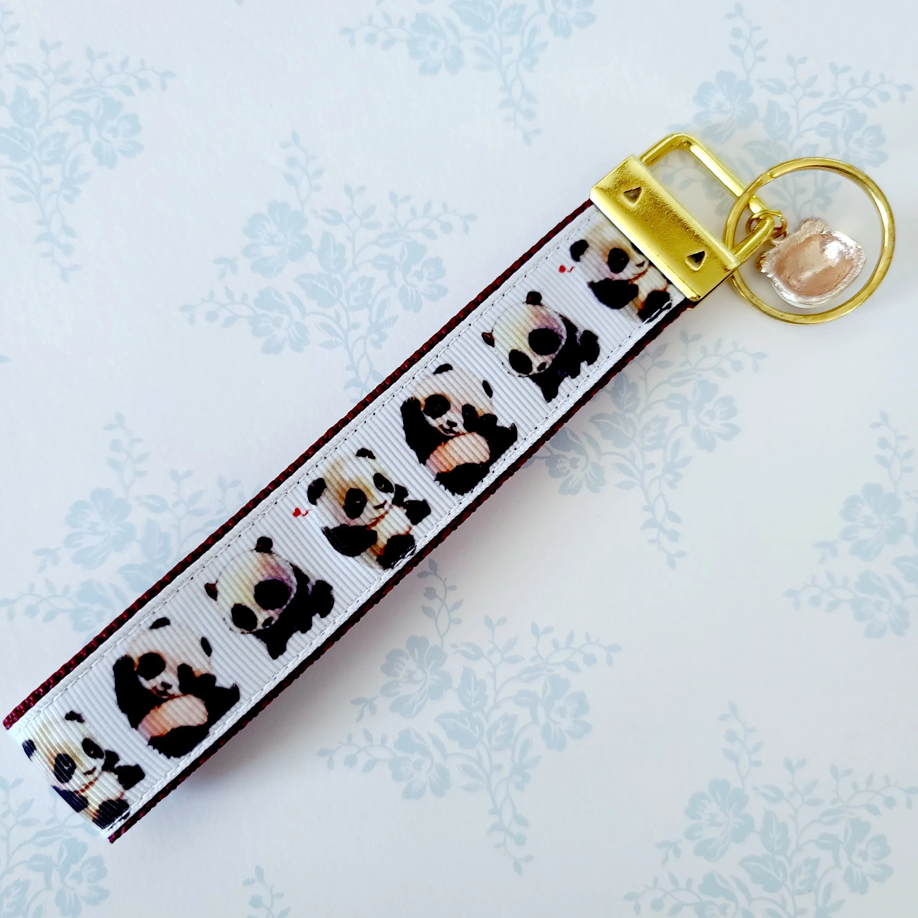 Pandas Being Adorable Key Fob Chain with Enameled Panda Charm