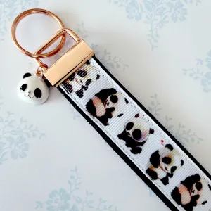 Pandas Being Adorable Key Fob Chain with Enameled Panda Charm