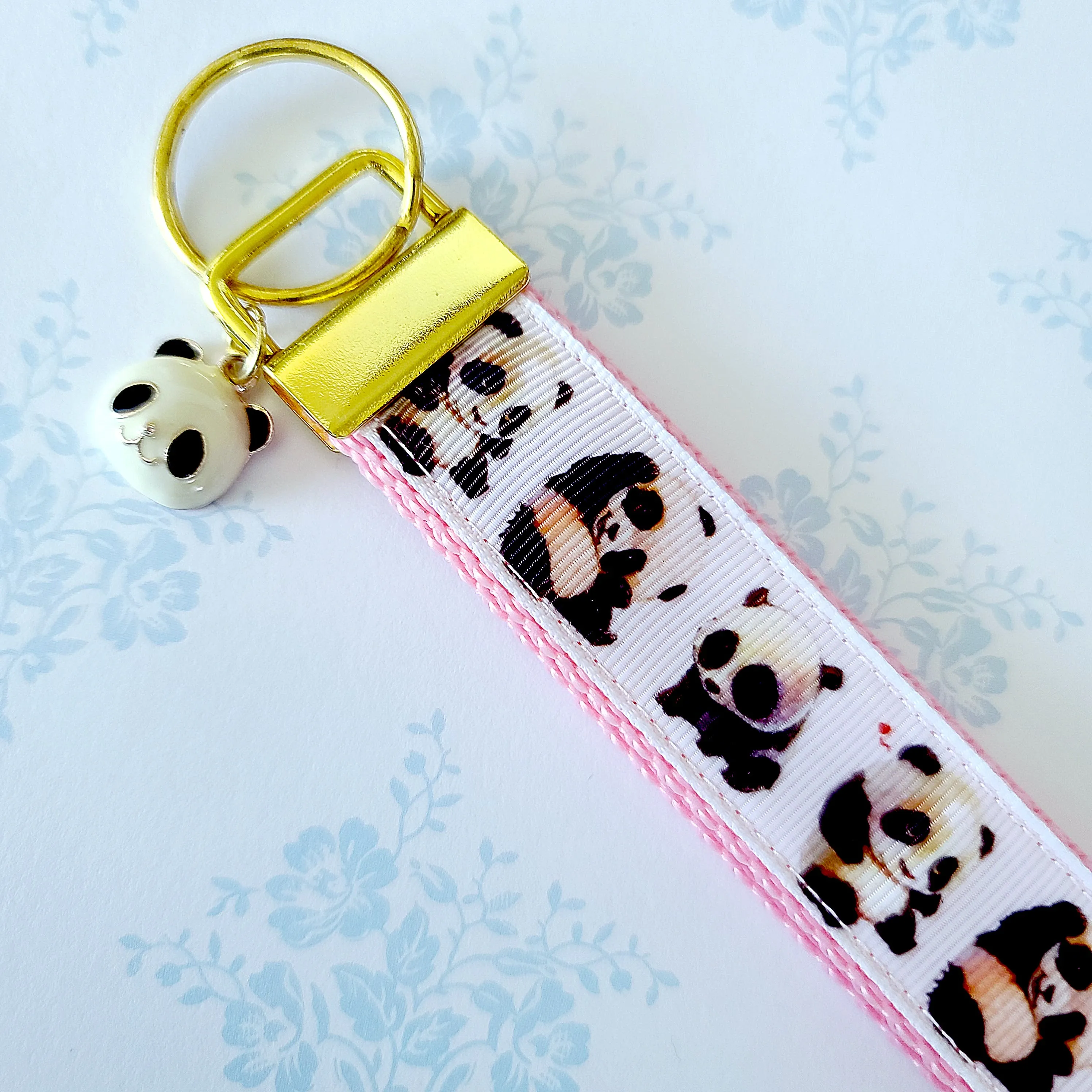 Pandas Being Adorable Key Fob Chain with Enameled Panda Charm