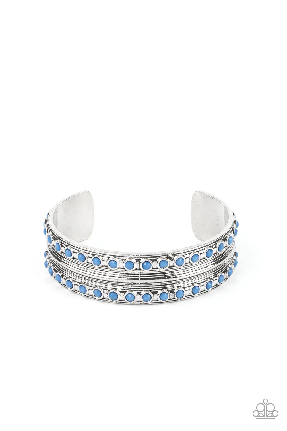 Paparazzi " Costa Rica Retreat " Silver Metal & Blue Faceted Bead Cuff Bracelet