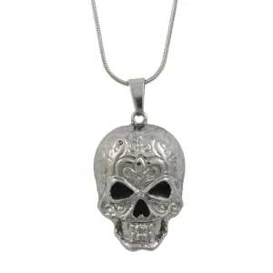Patterned Antiqued Silver-tone Skull Pendant with Chain - PF501PT