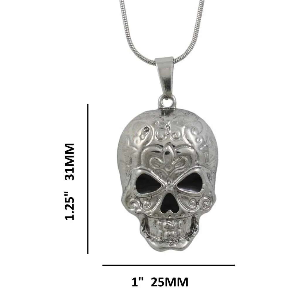 Patterned Antiqued Silver-tone Skull Pendant with Chain - PF501PT