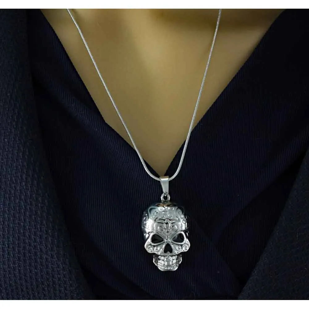 Patterned Antiqued Silver-tone Skull Pendant with Chain - PF501PT