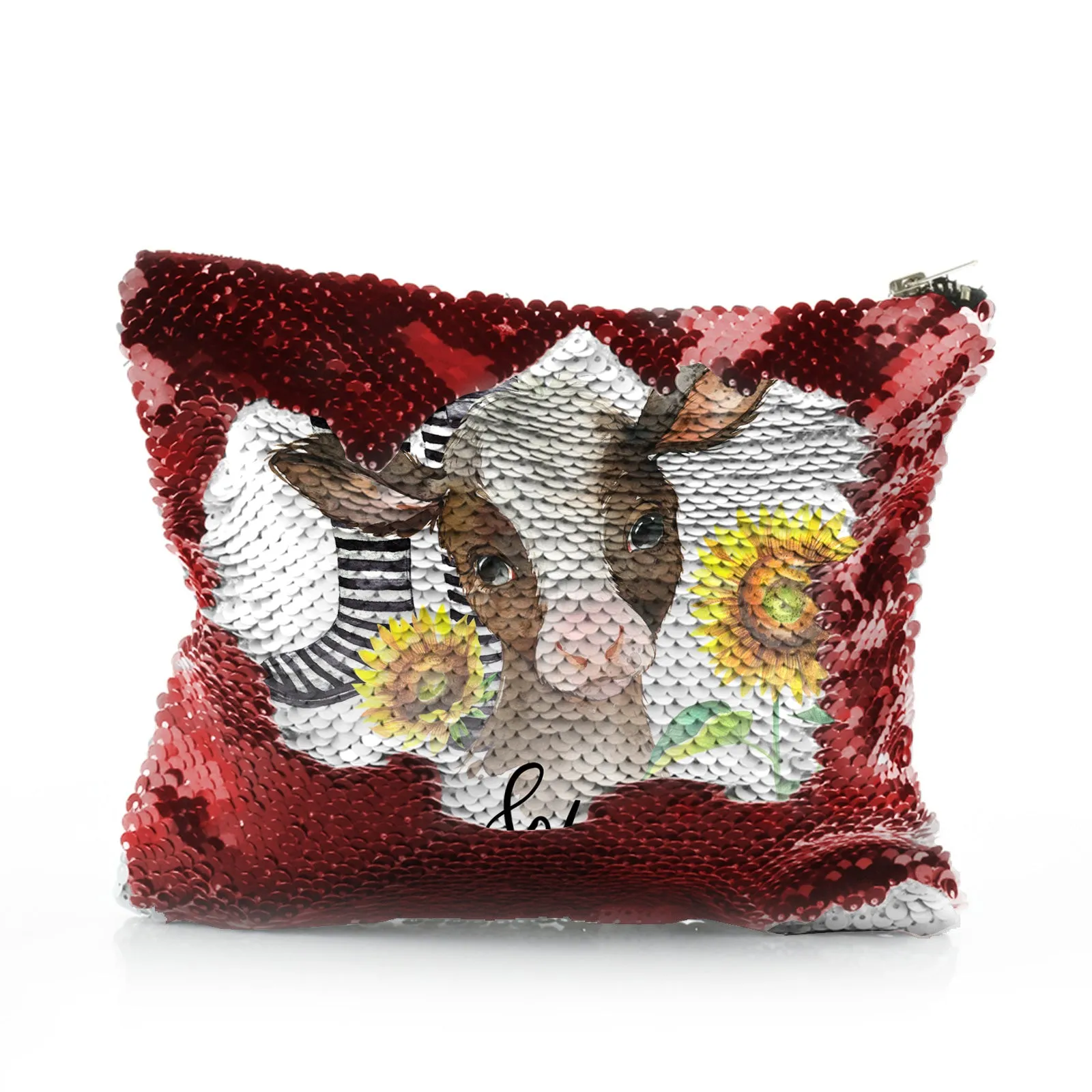 Personalised Sequin Zip Bag with Brown Cow Yellow Sunflowers and Cute Text
