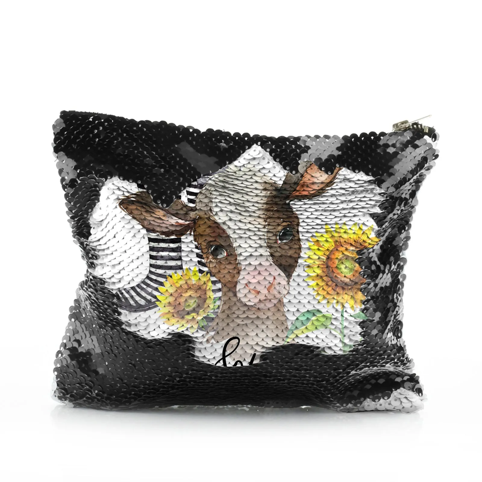 Personalised Sequin Zip Bag with Brown Cow Yellow Sunflowers and Cute Text