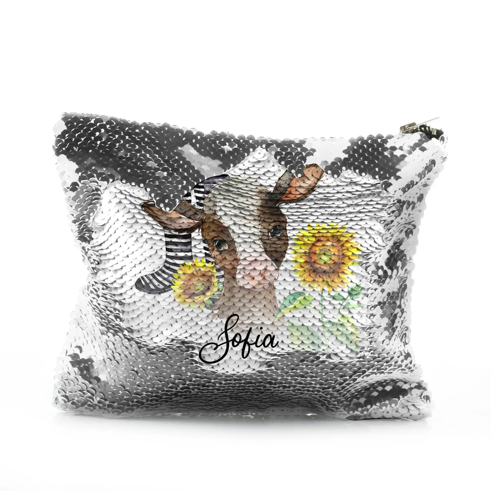 Personalised Sequin Zip Bag with Brown Cow Yellow Sunflowers and Cute Text