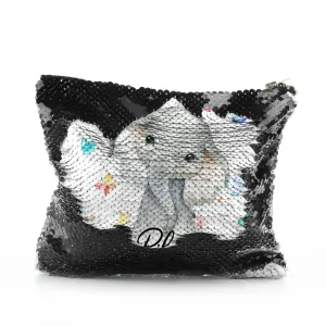 Personalised Sequin Zip Bag with Grey Elephant with Hearts Stars Crowns Butterfly and Cute Text