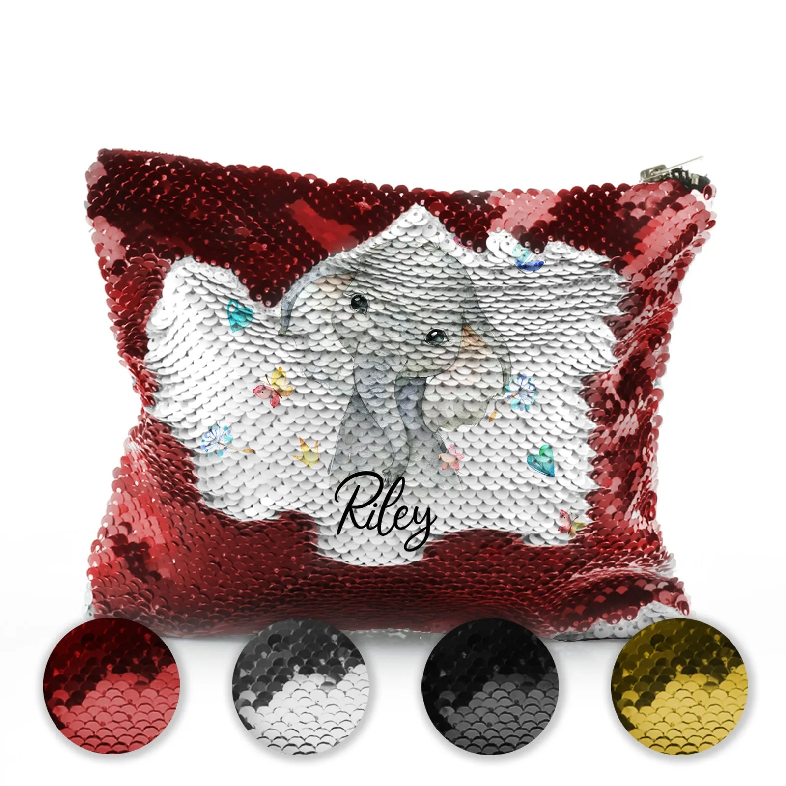 Personalised Sequin Zip Bag with Grey Elephant with Hearts Stars Crowns Butterfly and Cute Text