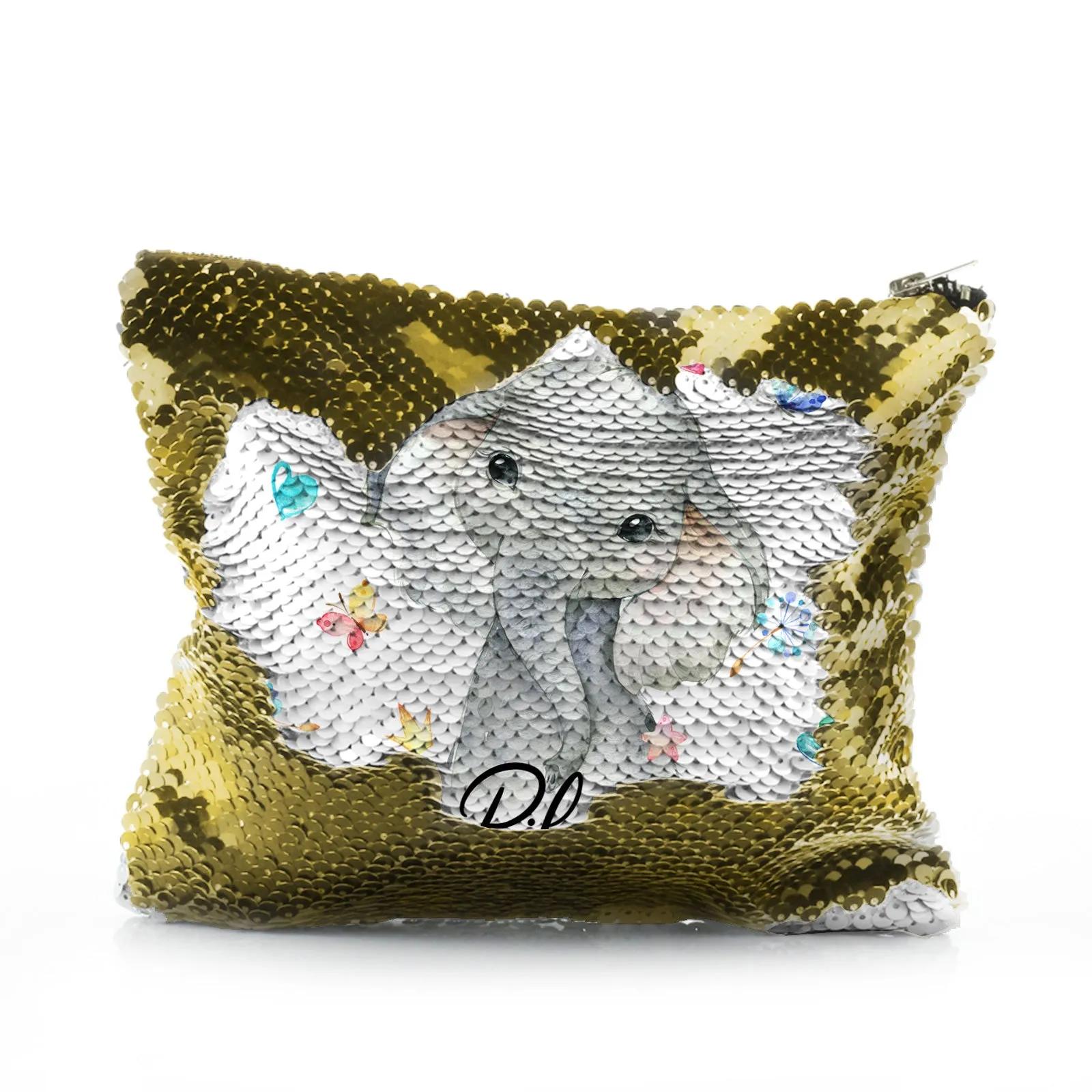 Personalised Sequin Zip Bag with Grey Elephant with Hearts Stars Crowns Butterfly and Cute Text