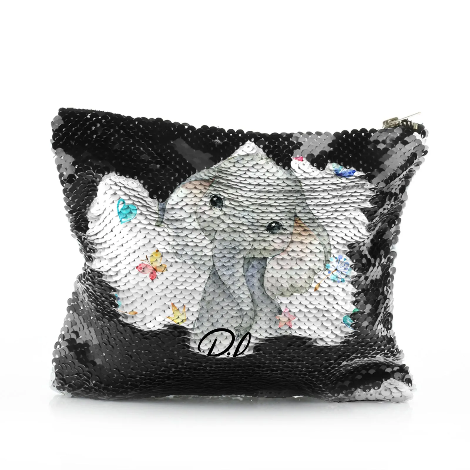 Personalised Sequin Zip Bag with Grey Elephant with Hearts Stars Crowns Butterfly and Cute Text
