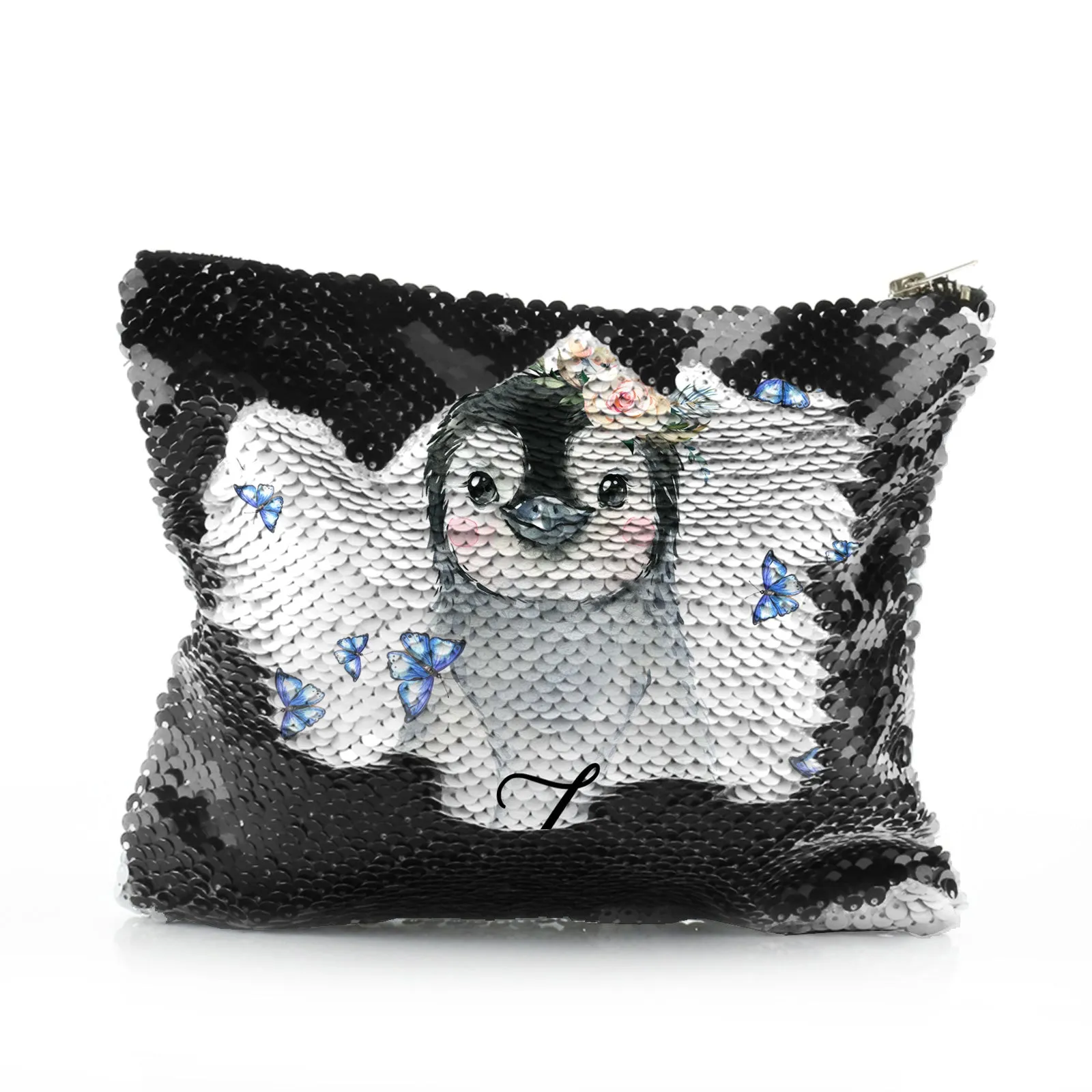 Personalised Sequin Zip Bag with Grey Penguin Blue Butterflies and Cute Text