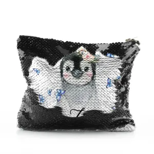 Personalised Sequin Zip Bag with Grey Penguin Blue Butterflies and Cute Text